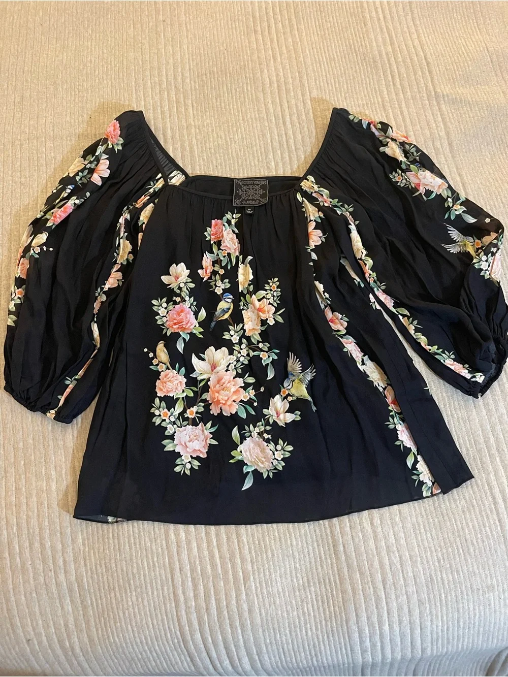 Johnny Was Jade Byrdie Viscose Floral Bird Blouse Black XS Puff Sleeve Boho - Picture 1 of 4